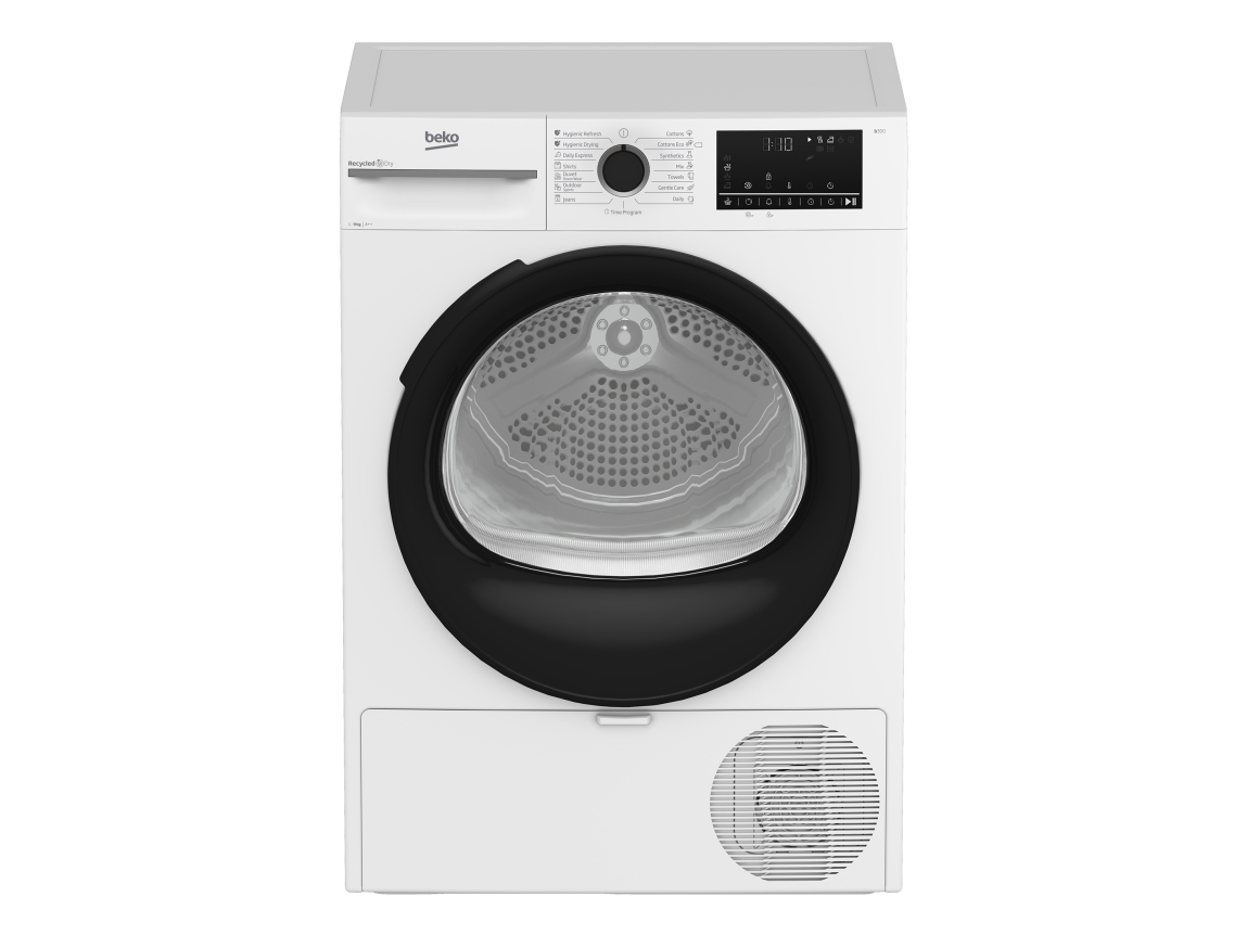 Beko BM3T49230W, Fritstående, Front-læsning, Varmepumpe, Hvid, Dreje, Berøring, Højre