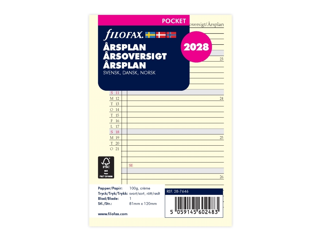 Årsöversikt Pocket 2028 Svenska/danska/norska | Papper & Emballage - Kalendrar & Anteckningsböcker - Kalendare | GameStuff