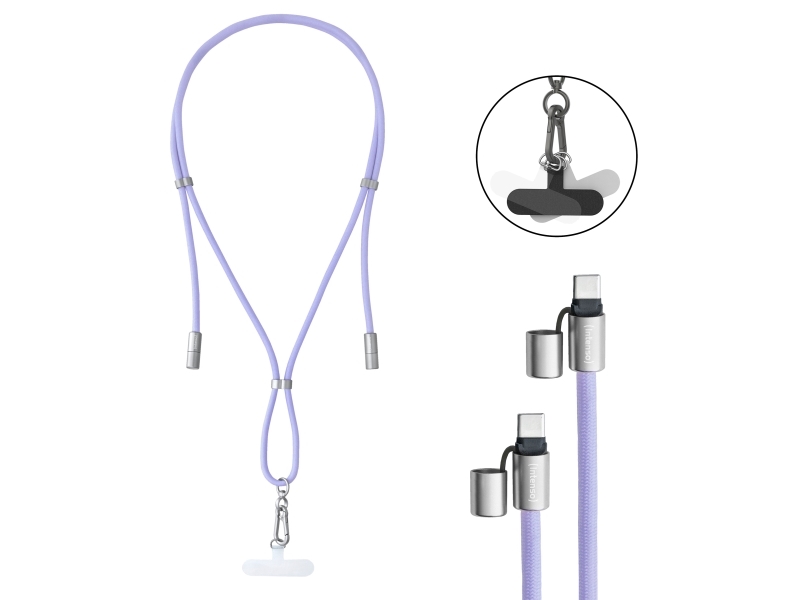 Intenso Usb-C Charging Lanyard – Phone Necklace Cable, 60W Fast Charging, Adjustable Length, 1.65 M Nylon, Usb-C To Usb-C, Purple, 1.65 M, Usb C, Usb