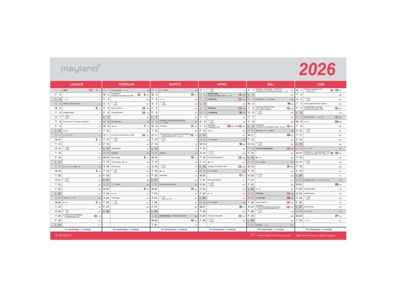 Mayland Kontorkalender Stor m/flagdage 2026