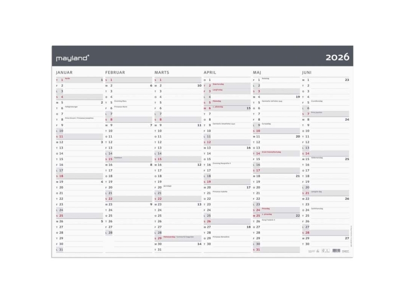 Kæmpekalender Moderne 2x6 måneder 2026 i kraftigt papir - leveres i paprør