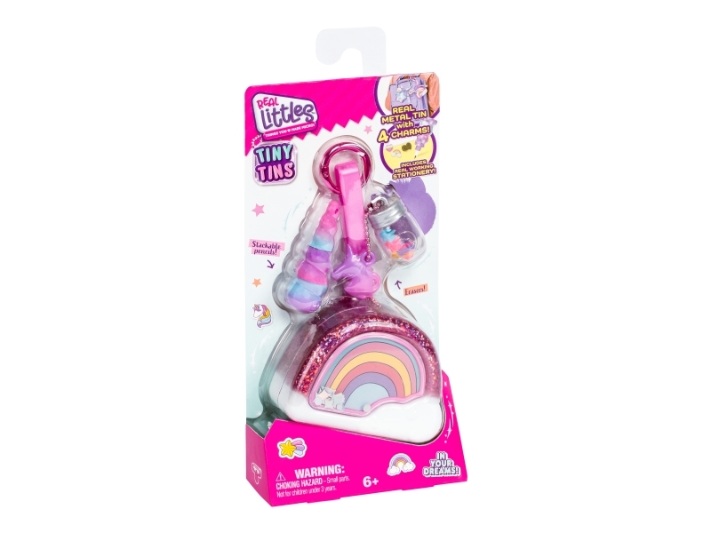 Real Littles Tiny Tins, Real Metal Tin With 4 Charms, Includes Real Working Stationery  - Clip on Playset - asst. (30496)