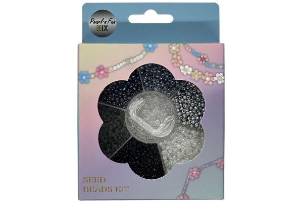 Glasperlemix 90g sort/grå/hvid+elastik ophængsæske