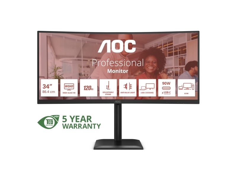 Aoc E4 Cu34e4cv, 86,4 Cm (34"), 3440 X 1440 Pixel, Ultrawide Quad Hd, Lcd, 4 Ms, Sort