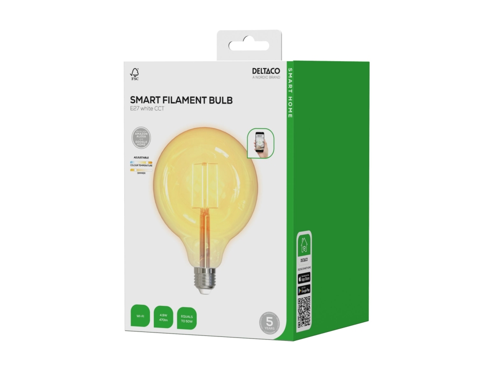 Deltaco Smart Home Sh-Lfe27g125 - Led-Glühbirne - Form: G125 - E27 - 5,5 W (Entspricht 50 W) - Klasse F - Warmweißes/Kaltweißes Licht - 1800-6500 K