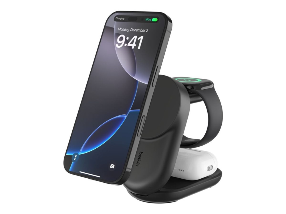 Belkin UltraCharge - Trådlöst laddställ - 3-i-1, magnetisk, vikbar, med Qi2 + växelströmsadapter - 25 Watt - Fast Charge - svart