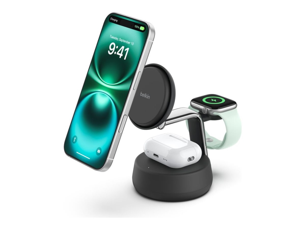 Belkin UltraCharge Pro - Trådlöst laddställ - 3-i-1, Qi2 + växelströmsadapter - 25 Watt - Fast Charge - träkol | Tele & GPS - Mobil tillbehör - Övriga tillbehör | GameStuff