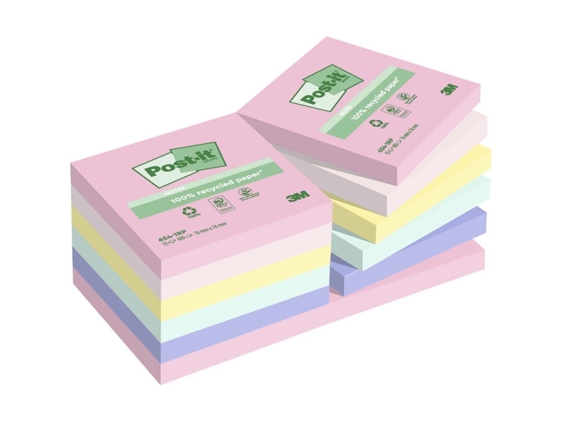 Post-It Recycled Notes 76Mmx76mm 100Ark/Blk 12Blk/Pak Assorterede Farver