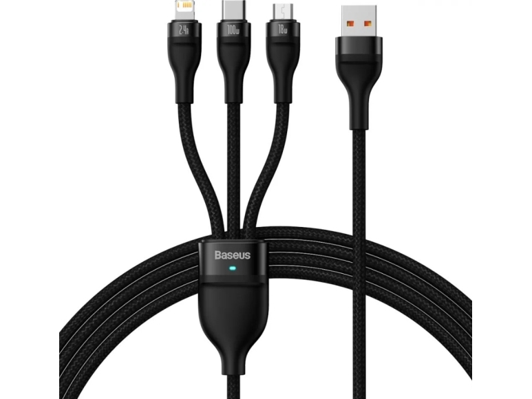 Baseus Flash Series Ii Usb Cable - Usb Type C / Lightning / Micro Usb 100 W 1.2 M Black (Cass030001)