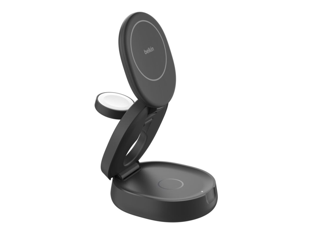 Belkin Boostcharge - Trådløs Opladningsstander - 3-I-1, Magnetisk, Kompakt + Ac-Strømadapter - 15 Watt - Sort