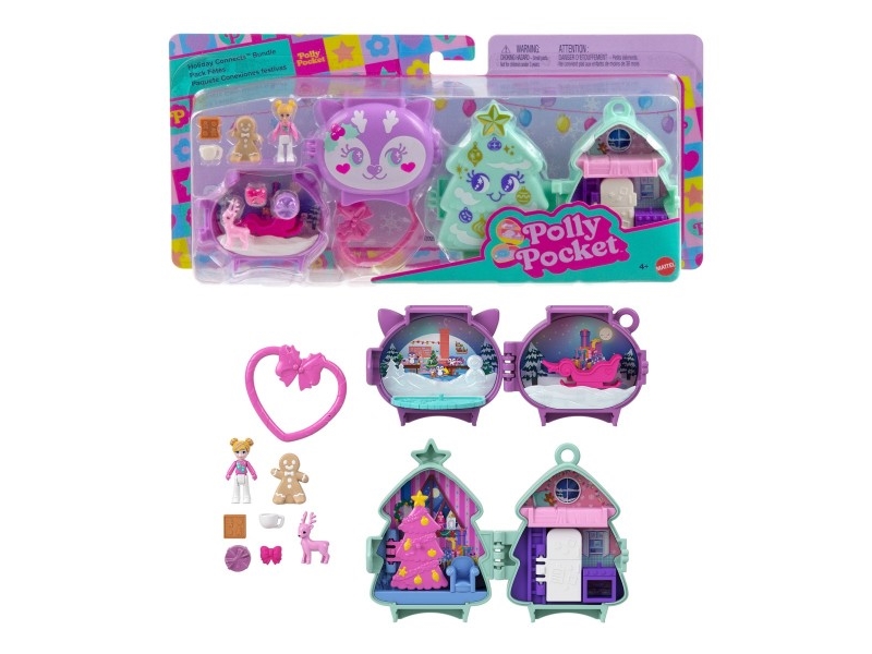 Mattel Polly Pocket Holiday Connects Kalėdų eglutės rinkinys su elniais ir figūrėlėmis