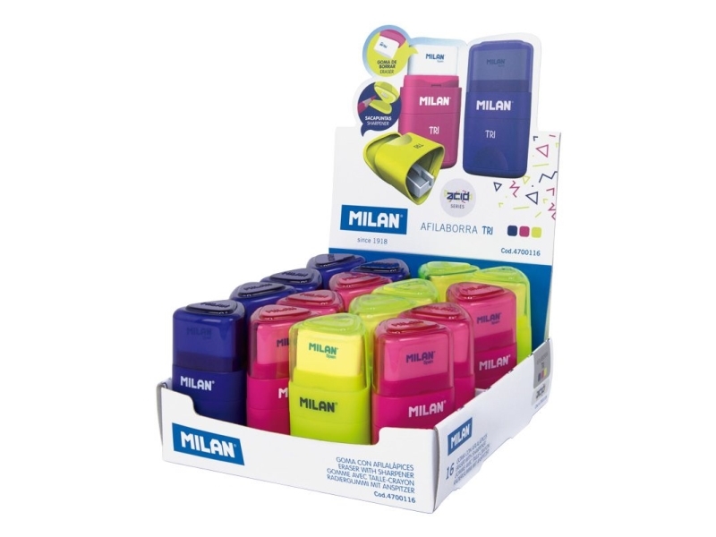 Milan 4700116, Manual Pencil Sharpener, Blue, Pink, Yellow, Steel, 132 Mm, 120 Mm, 65 Mm