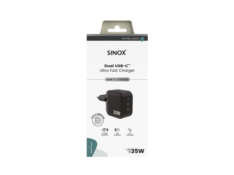 Sinox PRO 230V 2xUSB-C PD oplader 35W. Sort