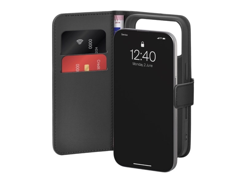 Puro Wallet Stand Case Für Iphone 17 Pro Aus Eco-Leder, Mit Klappe, Geldbörse & Stand - Schwarz
