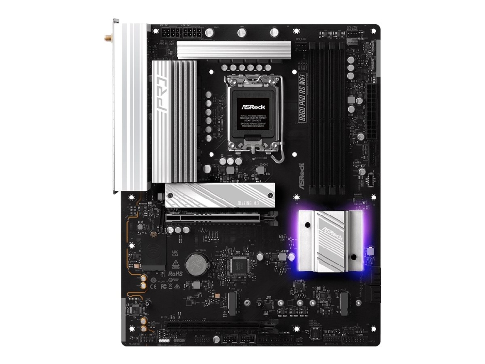 ASRock B860 Pro RS WiFi - Moderkort - ATX - LGA1851-uttag - B860 Chipuppsättning - USB-C Gen 2x2, USB-C 3.2 Gen 1, USB 3.2 Gen 1 - Wi-Fi 6E, 2.5 Gigabit LAN, Bluetooth - inbyggda grafiken (CPU krävs) - HD-ljud (8 kanaler)