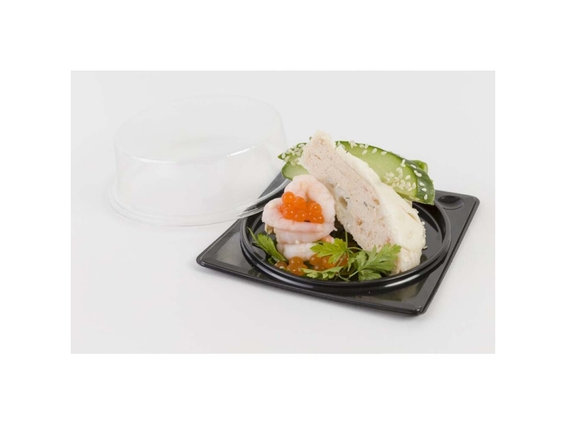 Bakke Kageboks 120x120 mm Ø116x35 mm Firkantet med Rundt låg APET Sort/Klar,720 stk/krt