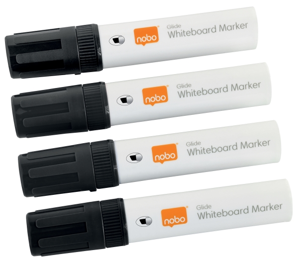 Nobo Glide whiteboardpenna, bred sned spets, 10 mm, snabbtorkande bläck, svart, 4 st. | Skrivredskap - Märkpennor - Whiteboard pennor | GameStuff