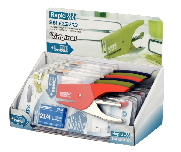 Hæftetang Rapid Supreme S51, 15 ark Soft Grip Display med 6 stk. Assorteret