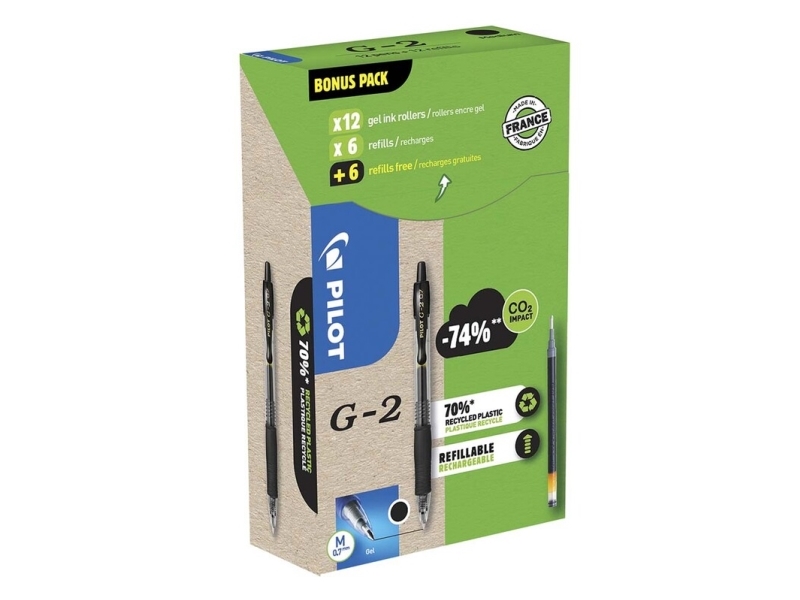 Gelpen Pilot G-2 Green Pack 0,7Mm Sort 12Stk + 12Refills