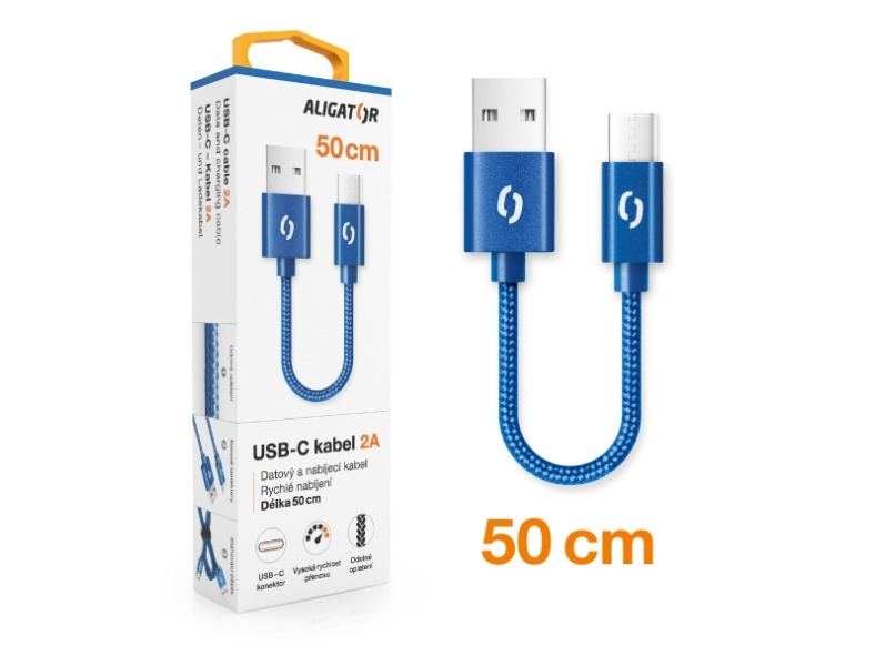 Aligator Premium 2A Kabel, 50 Cm Usb-C, Modrá