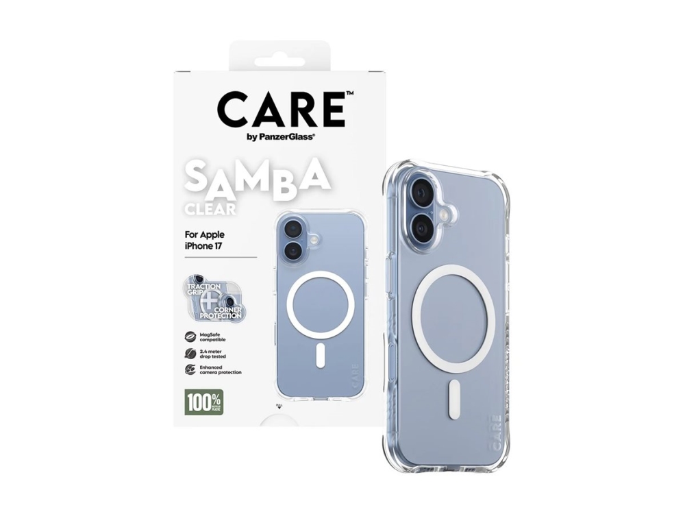 CARE by PanzerGlass Samba - Baksidesskydd för mobiltelefon - med vit MagSafe - MagSafe-kompatibilitet - termoplastisk polyuretan (TPU) - klar - för Apple iPhone 17 | Tele & GPS - Mobil tillbehör - Skärmskydd | GameStuff