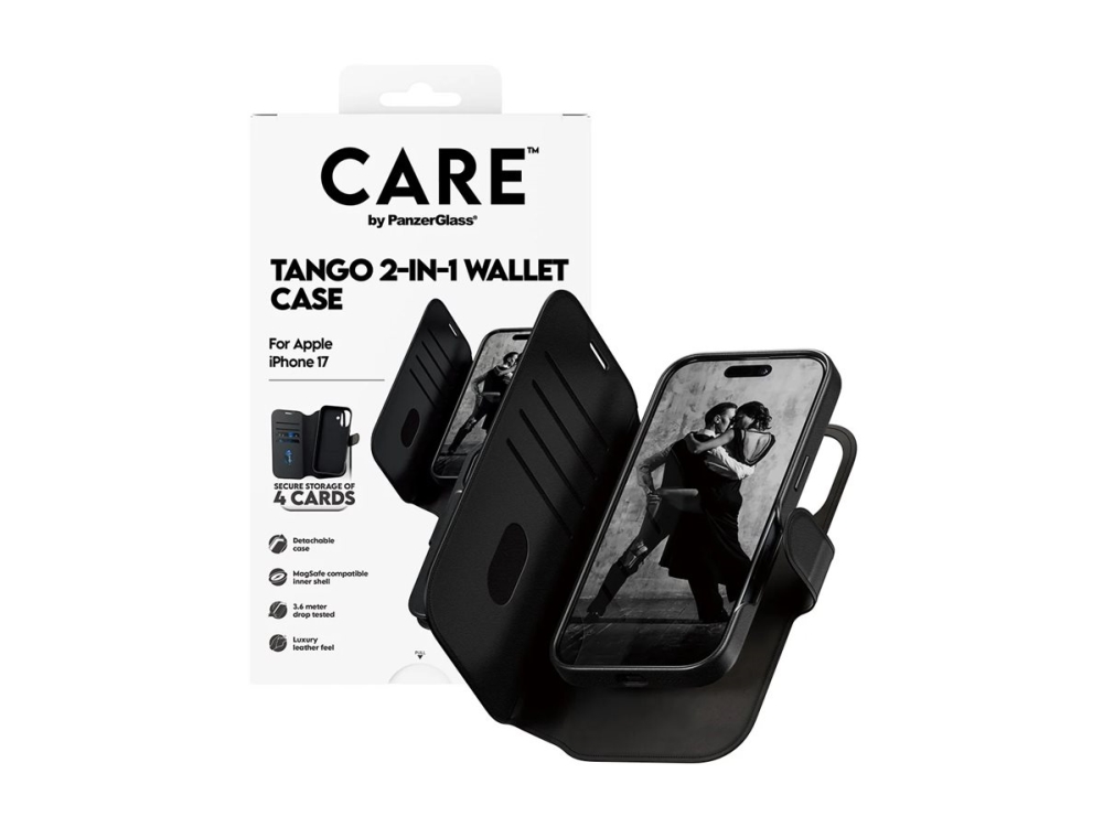 CARE by PanzerGlass Tango - Flipomslag til mobiltelefon - MagSafe-kompatibilitet - vegansk læder - sort - for Apple iPhone 17