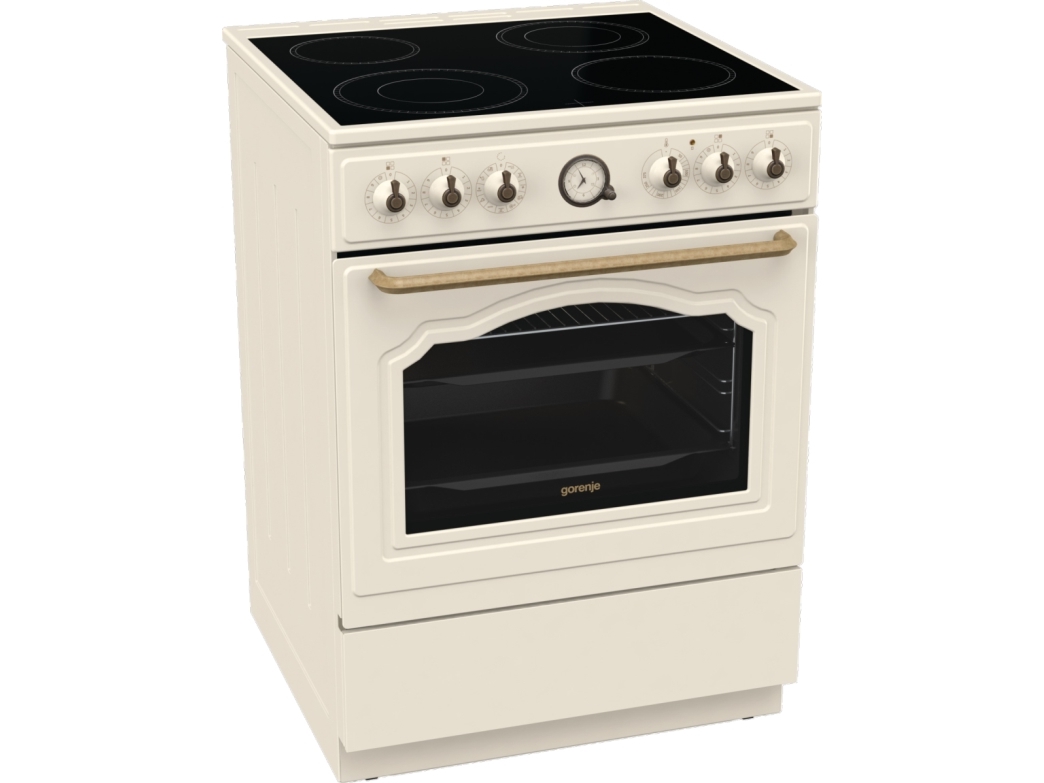 Gorenje GECS6B70CLI, Fritstående komfur, Beige, Dreje, Rustfrit stål, Top forside, Keramisk