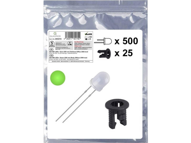 Quadrios 25O215 Led-Sortiment Grøn Rund 5 Mm 2500 Mcd 20 Ma 3.0 V