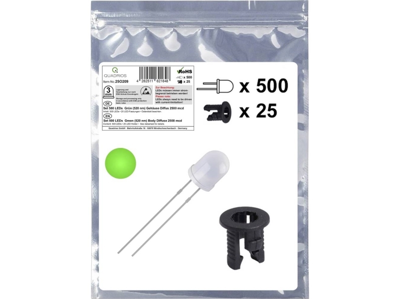 Quadrios 25O209 Led-Sortiment Grøn Rund 3 Mm 2500 Mcd 20 Ma 3.0 V