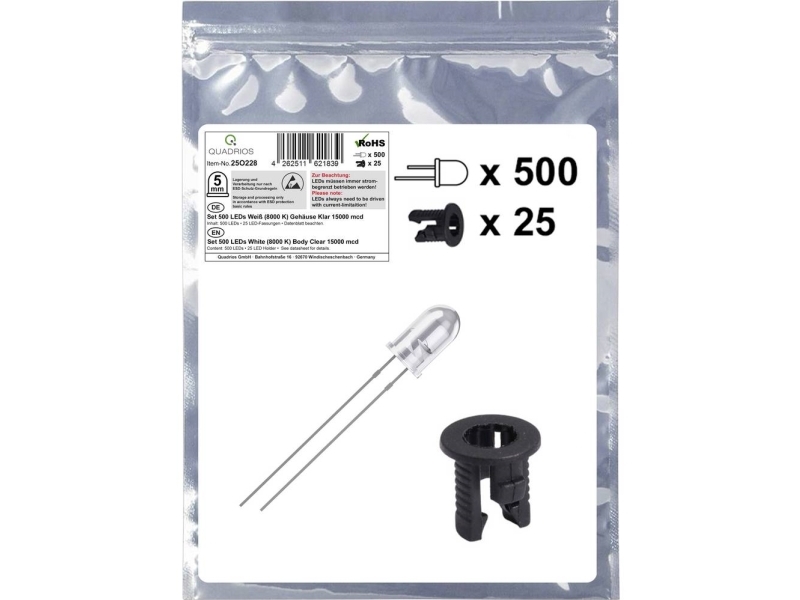 Quadrios 25O228 Led-Sortiment Weiß Rund 5 Mm 15000 Mcd 20 Ma 3,0 V