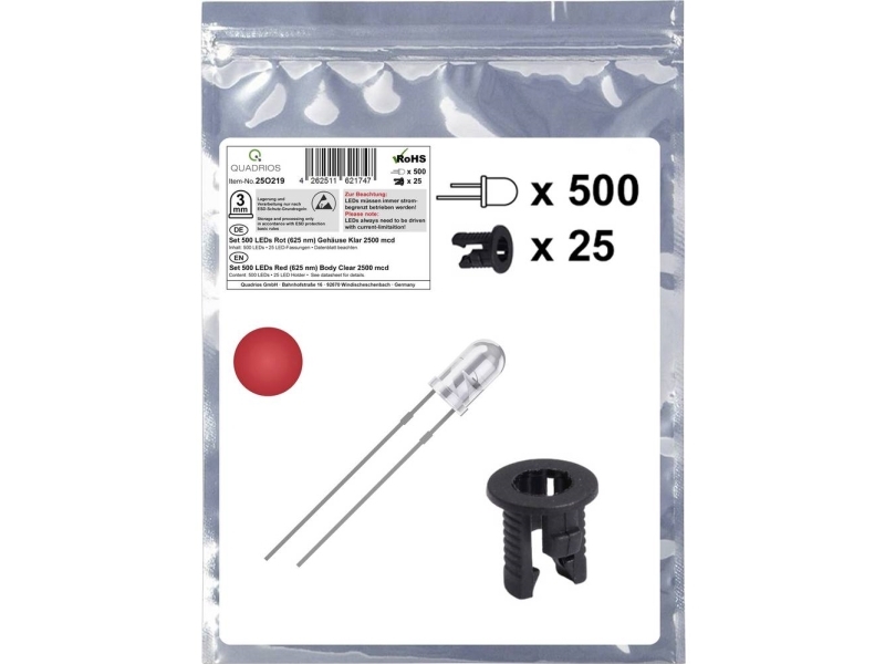Quadrios 25O219 Led-Sortiment Rød Rund 3 Mm 2500 Mcd 20 Ma 2.0 V