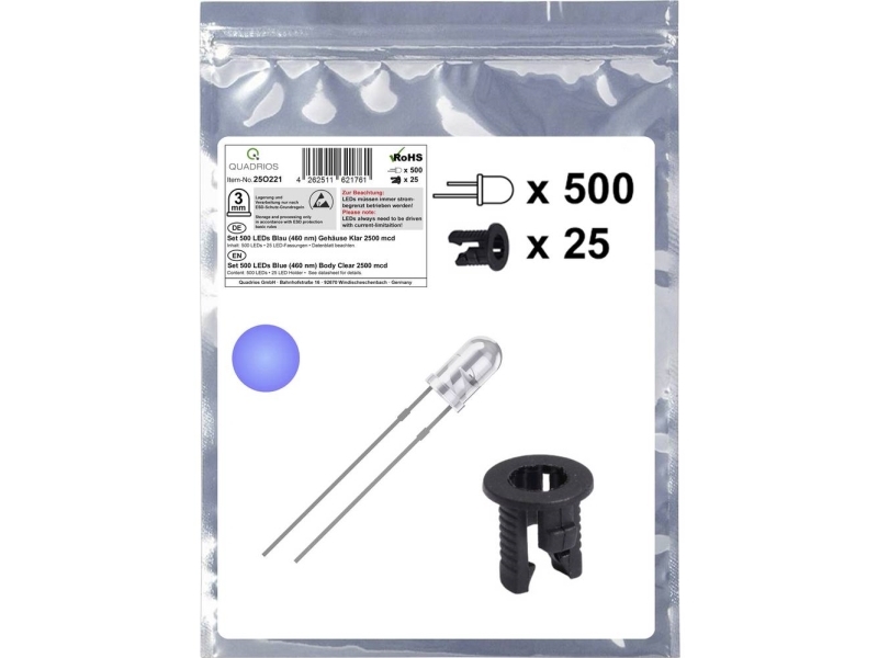 Quadrios 25O221 Led Sortiment Blau Rund 3 Mm 2500 Mcd 20 Ma 3,0 V