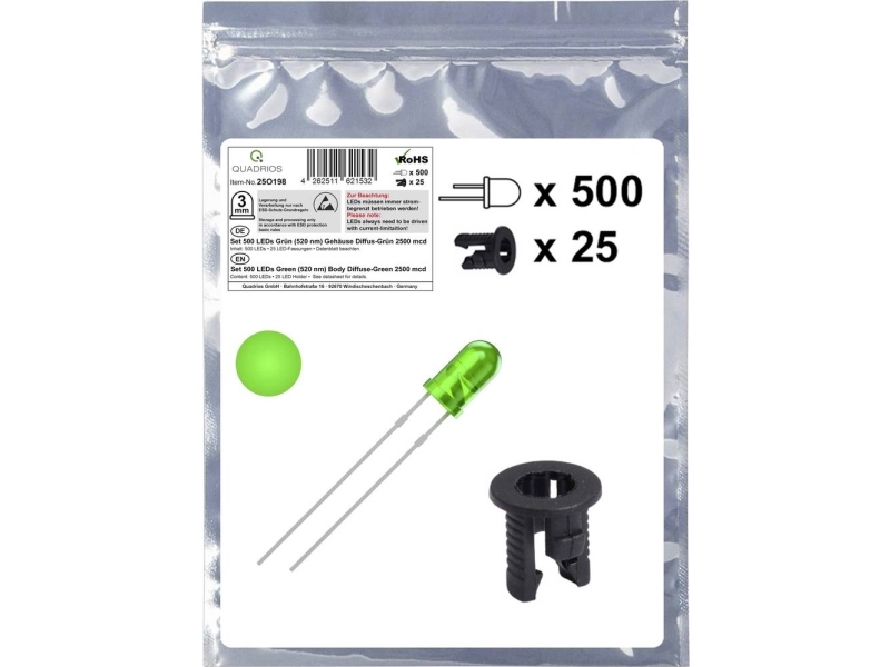 Quadrios 25O198 Led-Sortiment Grün Rund 3 Mm 2500 Mcd 20 Ma 3,0 V