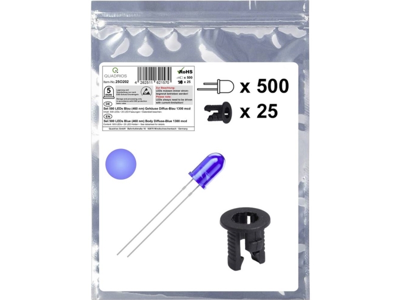 Quadrios 25O202 Led Sortiment Blau Rund 5 Mm 1300 Mcd 20 Ma 3,0 V