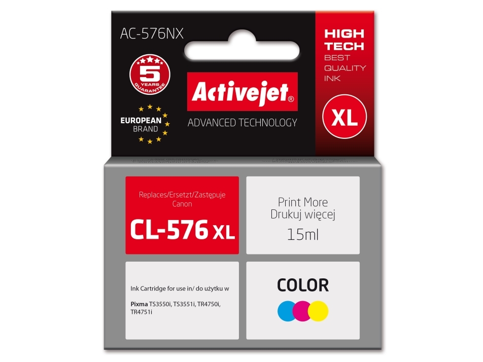 Activejet Ac-576Nx Canon Printer Ink, Replacement Canon Cl-576Xl Supreme 15 Ml Colour: Blue, Yellow, Red, High (Xl) Yield, Blue, Red, Yellow, Dye-Bas