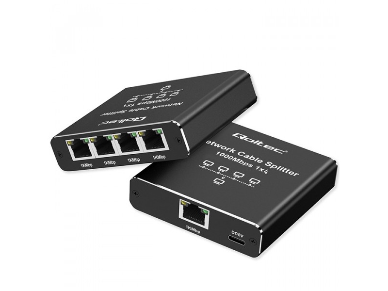Šakotuvas Qoltec Skirstytuvas Ethernet Mini SWITCH 1x4 RJ45 | 1000Mb/s | USB-C | Aliuminis