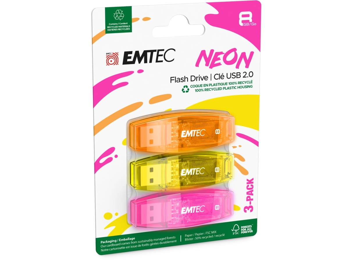 Emtec C410 Neon, 8 Gb, Usb Type-A, 2.0, 15 Mb/S, Hætte, Orange, Lyserød, Gul