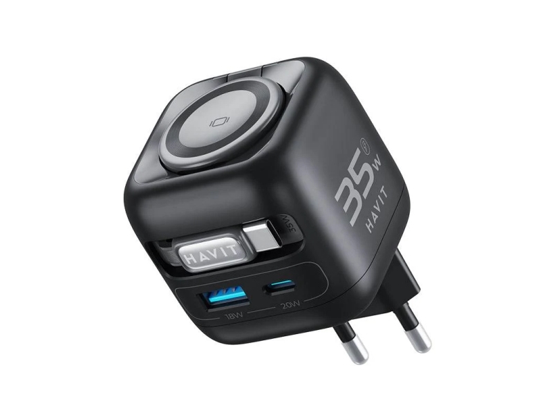 Havit Uc250 A-Eu - Gan Travel Charger With Extendable Cable (Black), Indoor, 20 V, Wireless Charging, 0.7 M, Black