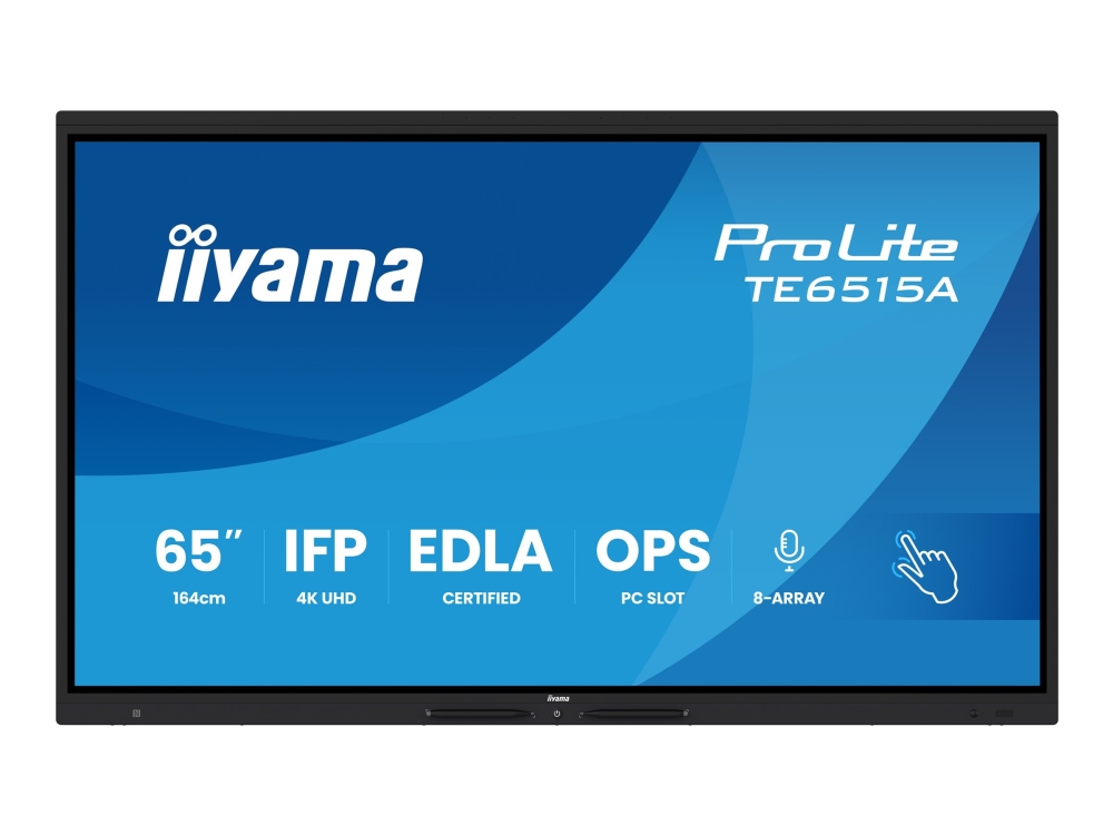 iiyama ProLite TE6515A-B1AG - 65 Diagonal klass (64.5 visbar) LED-bakgrundsbelyst LCD-skärm - interaktiv digital skyltning - med beröringsskärm (multi touch) / 8-mikrofonarray / valbar slot-in PC-funktionalitet - 4K UHD (2160p) 3840 x 2160 - svart (ram), matt finish | Datortillbehör - Bildskärmar & Tillbehör - Publika skärmar | GameStuff