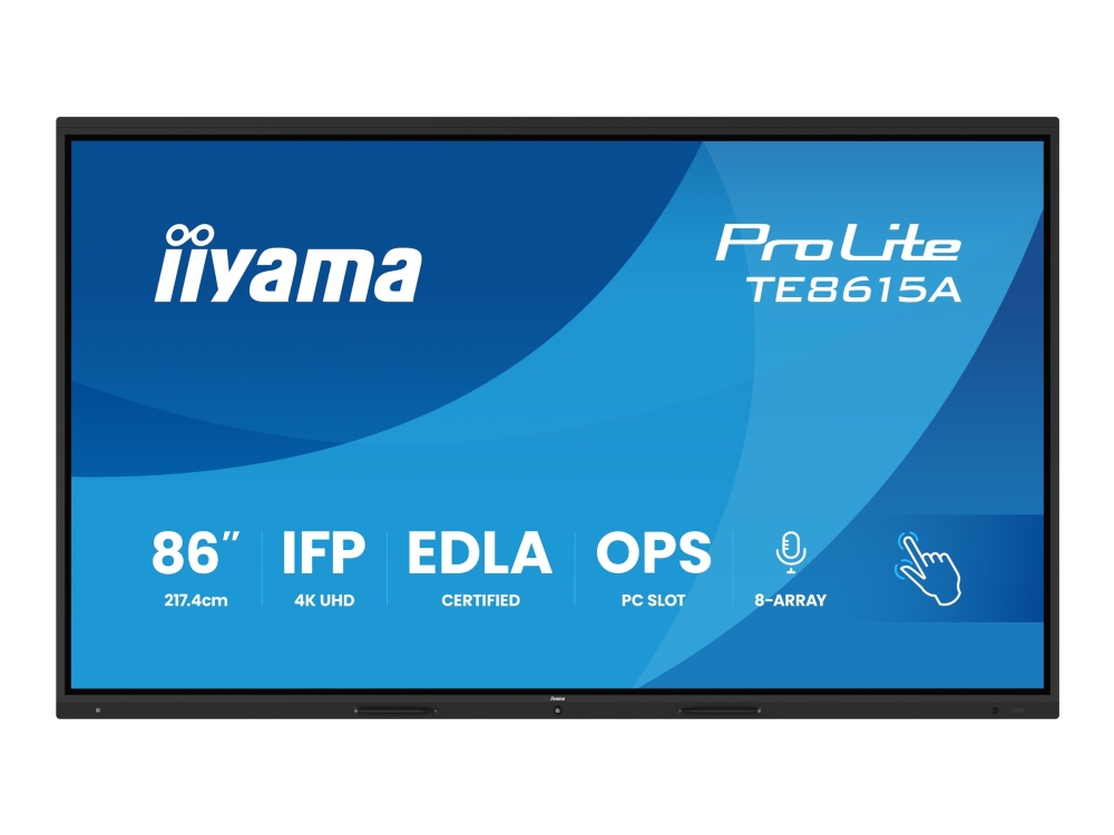 iiyama ProLite TE8615A-B1AG - 86 Diagonal klass (85.6 visbar) LED-bakgrundsbelyst LCD-skärm - interaktiv digital skyltning - med beröringsskärm (multi touch) / 8-mikrofonarray / valbar slot-in PC-funktionalitet - 4K UHD (2160p) 3840 x 2160 - svart (ram), matt finish - med iiyama WiFi-modul (OWM002) | Datortillbehör - Bildskärmar & Tillbehör - Publika skärmar | GameStuff