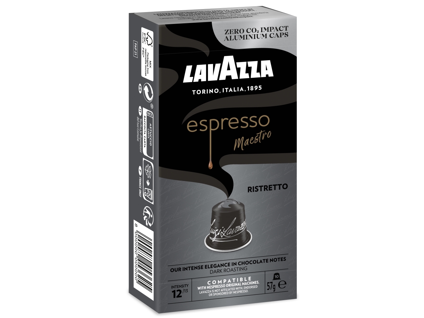 Lavazza Espresso Maestro Ristretto, Kaffekapslar, Ristretto, M&ouml;rkrostade, Nespresso, 12/13, Svart, Silver