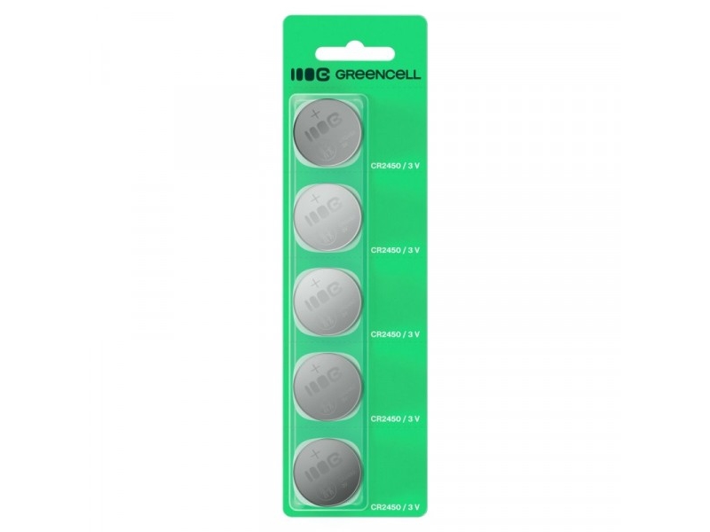 Green Cell Žalias Cell Greencell blisterinėje pakuotėje yra 5 ličio baterijos CR2450 3V 600mAh, skirtos raktams, laikrodžiams, nuotolinio valdymo pultams, svarstyklėms