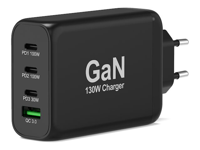 Port Connect - Strømforsyningsadapter - Gan - 130 Watt - 5 A - Pd, Qc 3.0 - 4 Output-Stikforbindelser (Usb Type A, 3 X Usb-C) - På Kabel: Usb-C - Eur