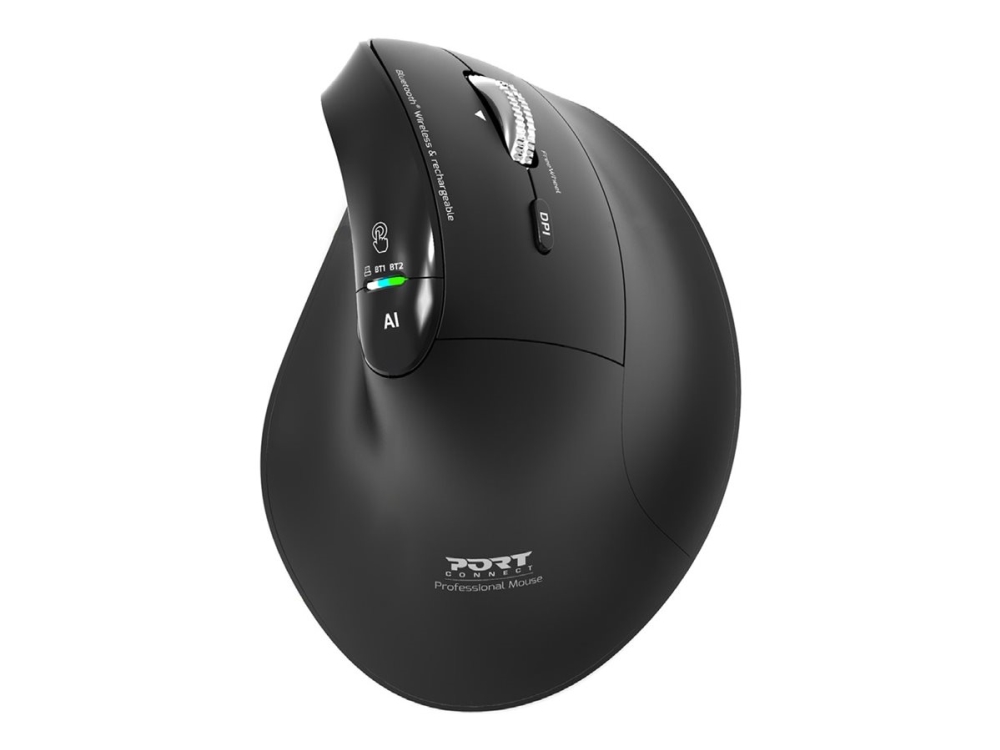 Port Designs Ergo Auditor, Right-Hand, Vertical Design, Optical, Rf Wireless + Bluetooth, 4800 Dpi, Black