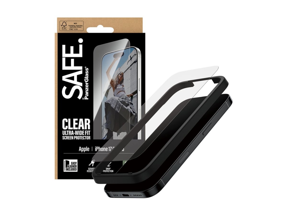 PanzerGlass SAFE. by ® Skärmskydd iPhone 17 | iPhone 16 Pro | Ultra-Wide Fit m. EasyAligner, Apple, Apple - iPhone 2025 non-Pro, torr applicering, reptålig, stöttålig, transparent, 1 st