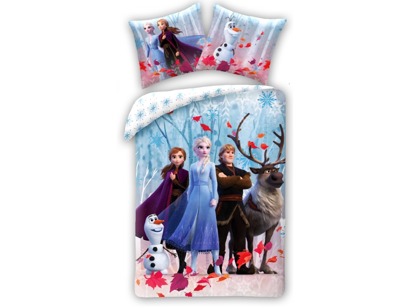 Disney Frozen -vuodevaatteet, joissa on Elsa, Anna, Kristoffer, Olaf ja Sven..