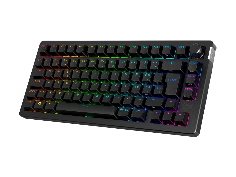 HyperX Alloy Rise - Tastatur - 1000 Hz pollingfrekvens, 100% anti-ghosting, 80 millioner tastetryk - 75% - bagbelyst - trådløs - 2.4 GHz, Bluetooth, USB-C - QWERTY - Pan Nordic - tastkontakt: HyperX Linear - sort