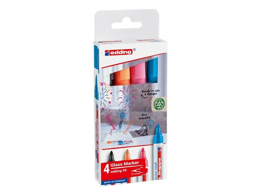 Edding 95, Schwarz, Hellblau, Orange, Pink, Schwarz, Hellblau, Orange, Pink, Weiß, Rund, 1,5 Mm, 3 Mm, Glas