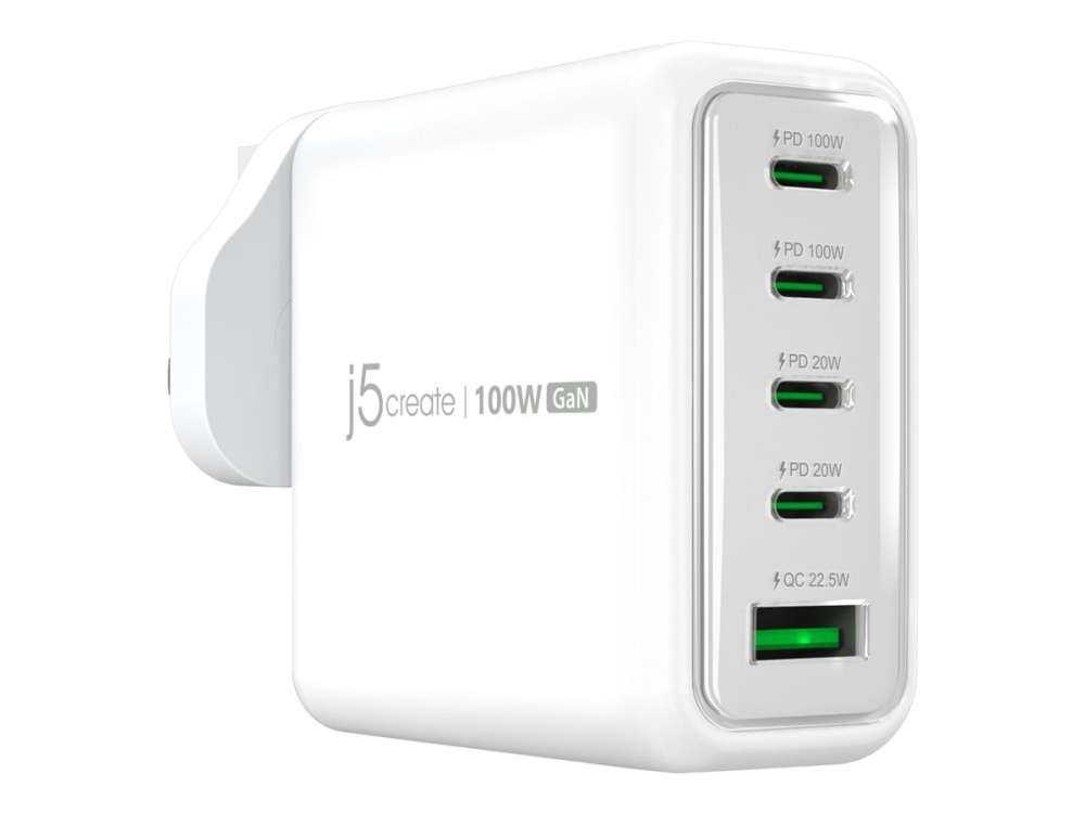 J5create 100W Gan Usb-C 5-Port Ladegerät, Drinnen, Ac, Weiß