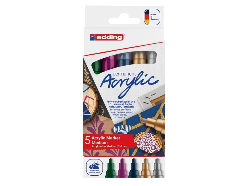 Edding Acrylic 5100, Guld, Metallicblå, Metallicgrön, Metallicrosa, Silver, Vit, Rund, 3 mm, Glas, 5 styck | Skrivredskap - Fiberpennor & Fineliner - Fiberpennor | GameStuff